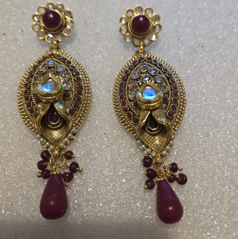 Elegant Gold and Red Dangle Earrings